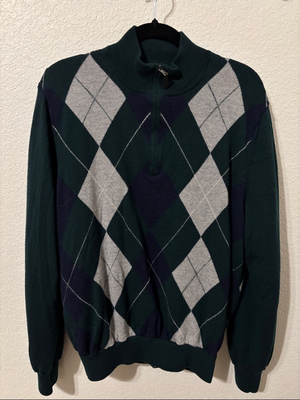 Fairway & Greene Dark Green and Gray Argyle Quarter-Zip Sweater